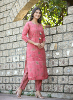 Kaajh Women's Pink Floral Printed Modal Silk Kurta Pant Set | Grocsy