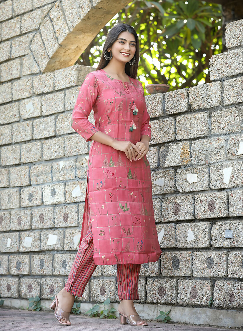 Kaajh Women's Pink Floral Printed Modal Silk Kurta Pant Set | Grocsy