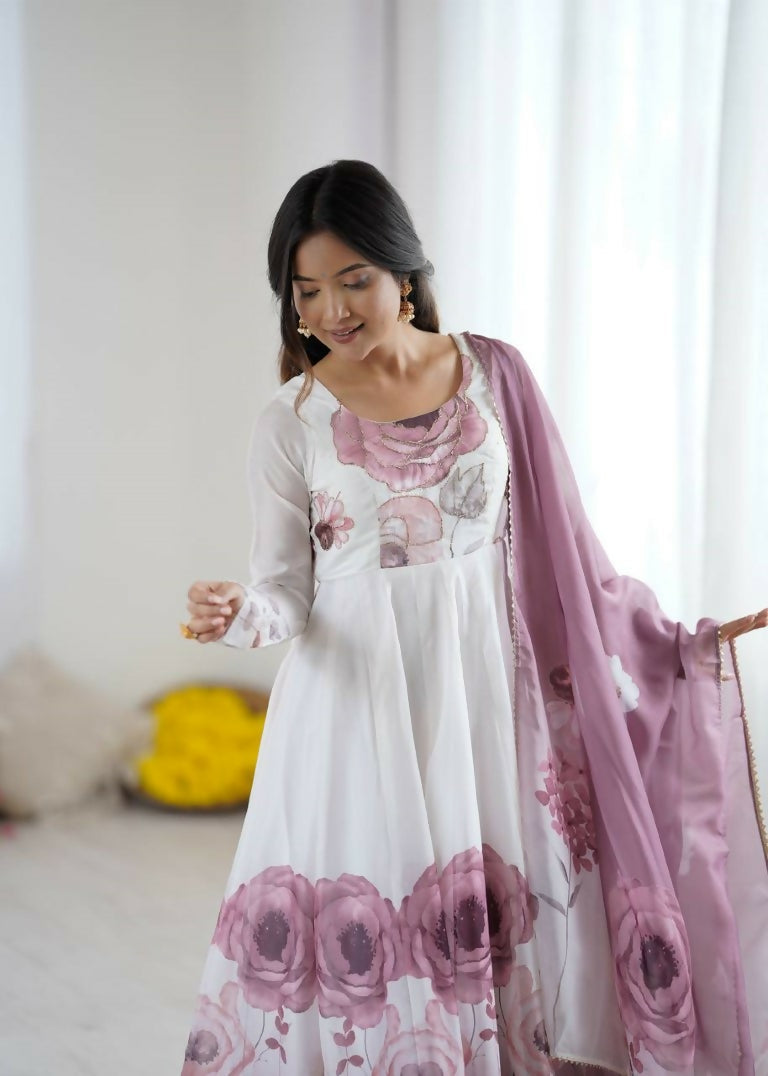 Teeya Creation Onion Color Soft organza Silk Digital Print Party Wear Gown | Grocsy
