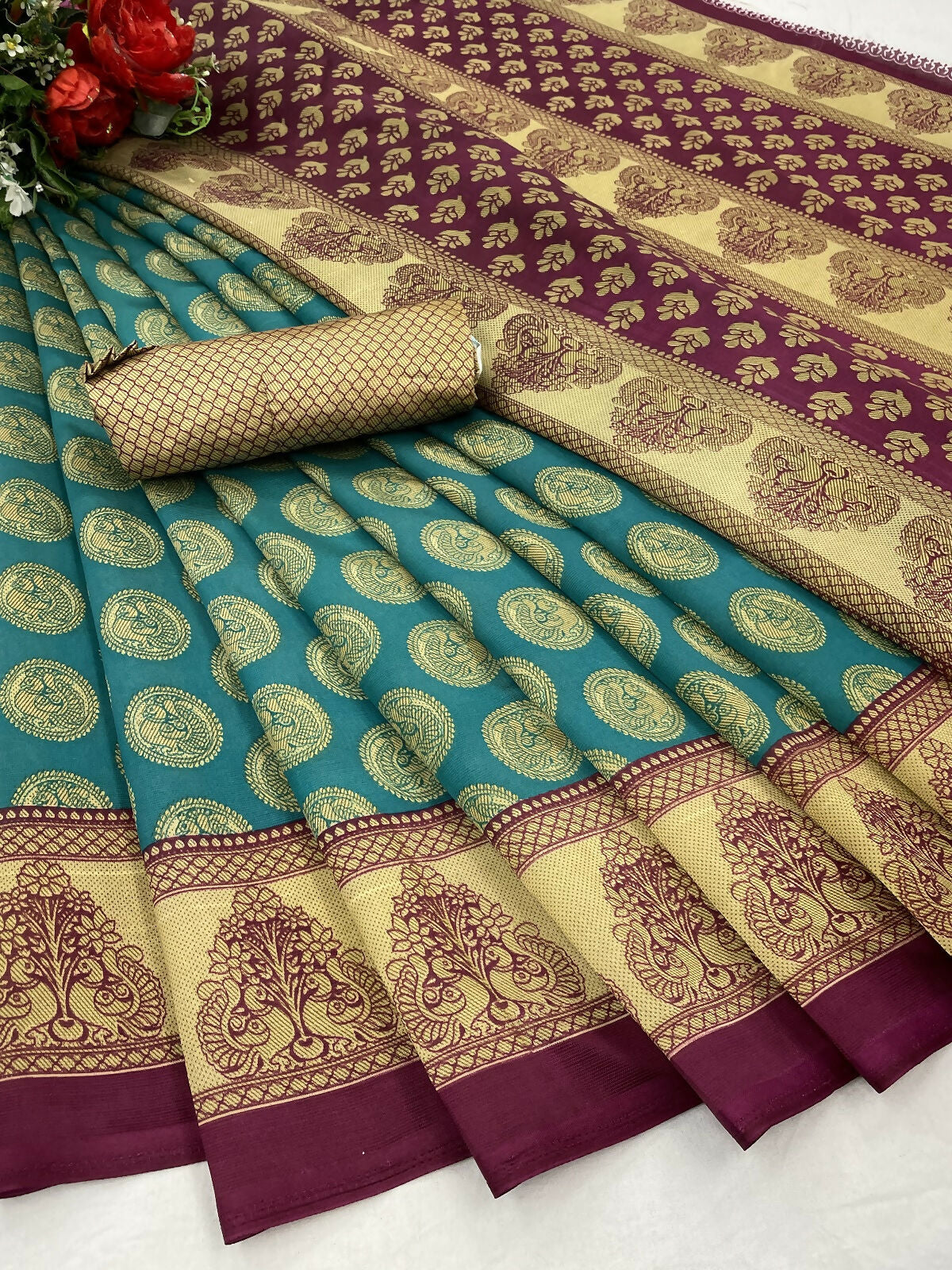 Vamika Rama Green Printed Art Silk Saree | Grocsy