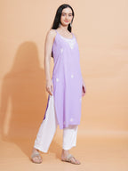 Pahnaz Luxury Rayon Chikankari Sleeveless Long Kurti-Lavender | Grocsy