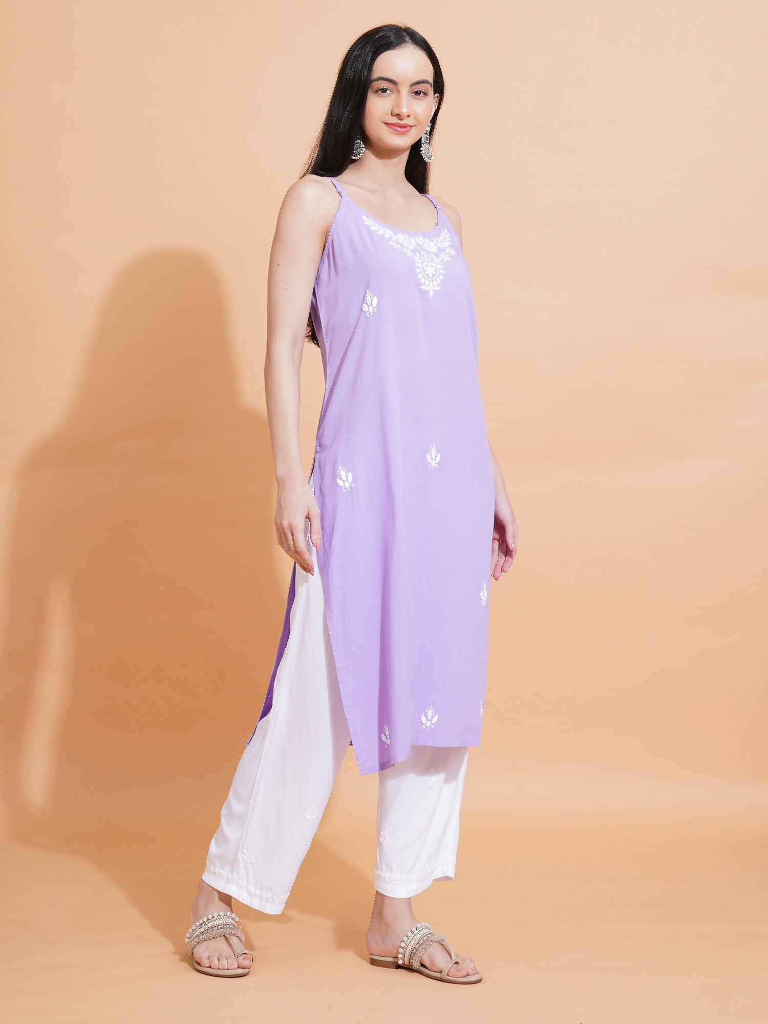 Pahnaz Luxury Rayon Chikankari Sleeveless Long Kurti-Lavender | Grocsy