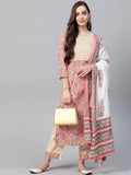 Yufta Women Pink & Yellow Handblock Printed Pure Cotton Kurta with Trouser & Dupatta | Grocsy