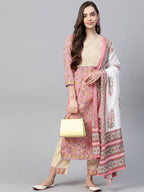 Yufta Women Pink & Yellow Handblock Printed Pure Cotton Kurta with Trouser & Dupatta | Grocsy