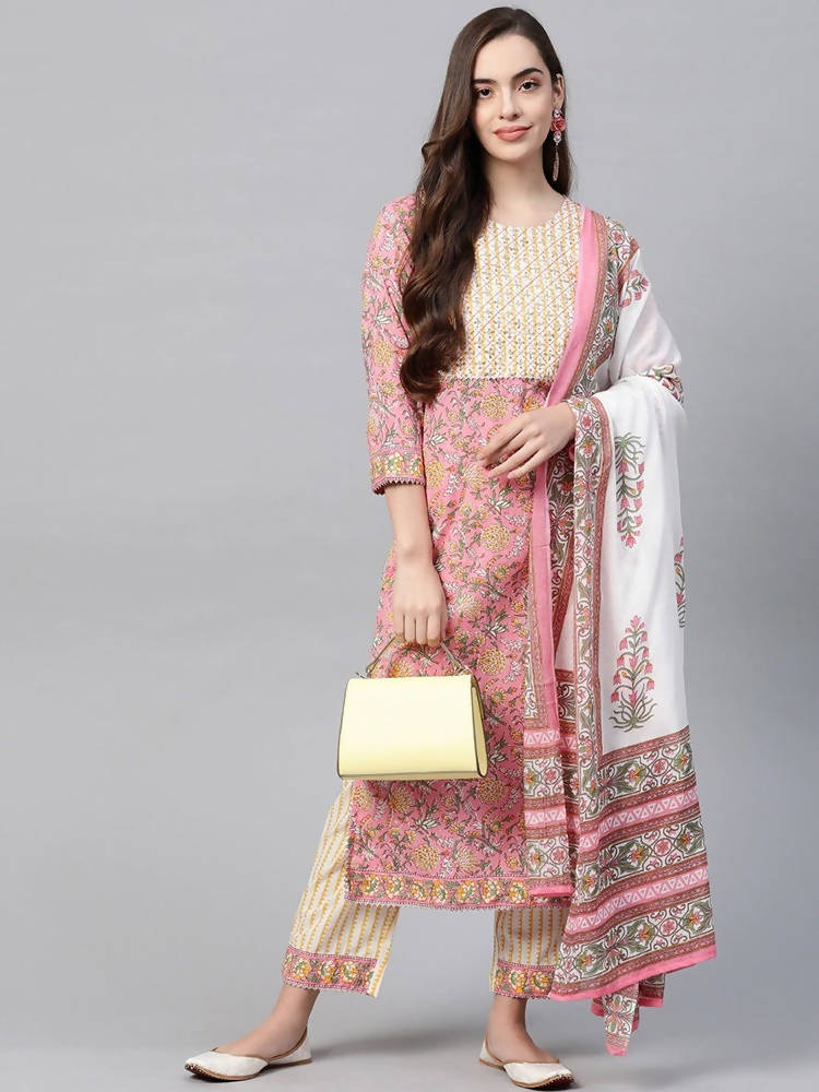 Yufta Women Pink & Yellow Handblock Printed Pure Cotton Kurta with Trouser & Dupatta | Grocsy