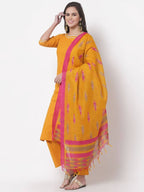 Myshka Women's Cotton 3/4 Sleeve Round Neck Casual Kurta Pant Dupatta Set | Grocsy