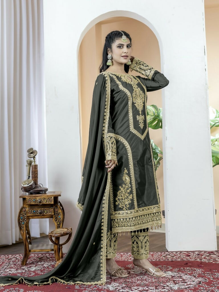 Teeya Creation Black Color Chinnon Silk Embroidery Work Fully Stitched Salwar Suit | Grocsy