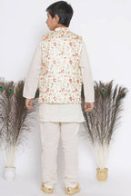 Little Bansi Banarsi Floral Embroidery Jacket with Cotton Kantha kurta and Kantha Pyjama - Cream | Grocsy