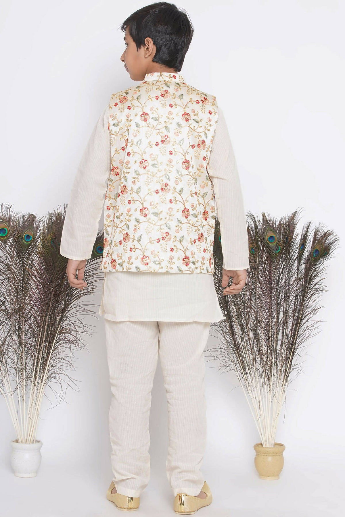 Little Bansi Banarsi Floral Embroidery Jacket with Cotton Kantha kurta and Kantha Pyjama - Cream | Grocsy