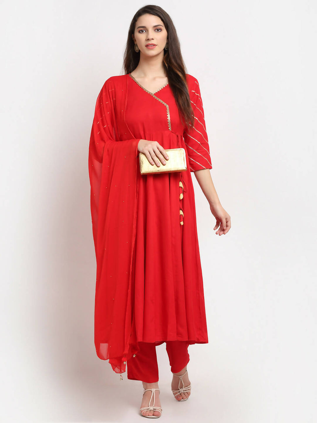 Rudra Bazaar Red Anarkali Kurti & Pyjamas With Dupatta | Grocsy