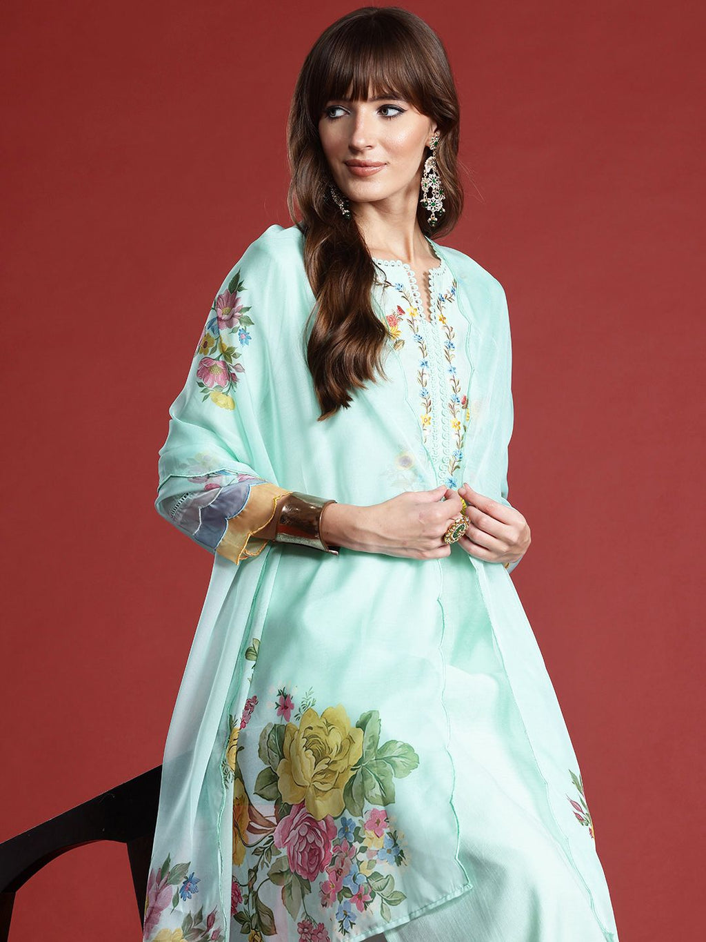 Indo Era Floral Embroidered Thread Work Kurta with Trousers & With Dupatta | Grocsy