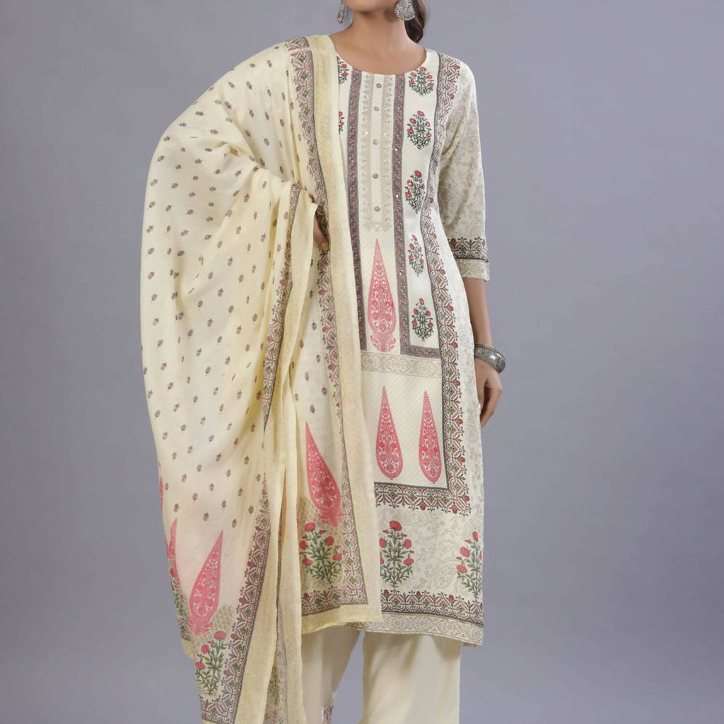 Juniper Women Yellow Rayon Printed Kurta, Pants and Dupatta Set | Grocsy