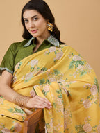 Mustard Chiffon Floral Printed Saree with Stitched Blouse - Dharavi | Grocsy