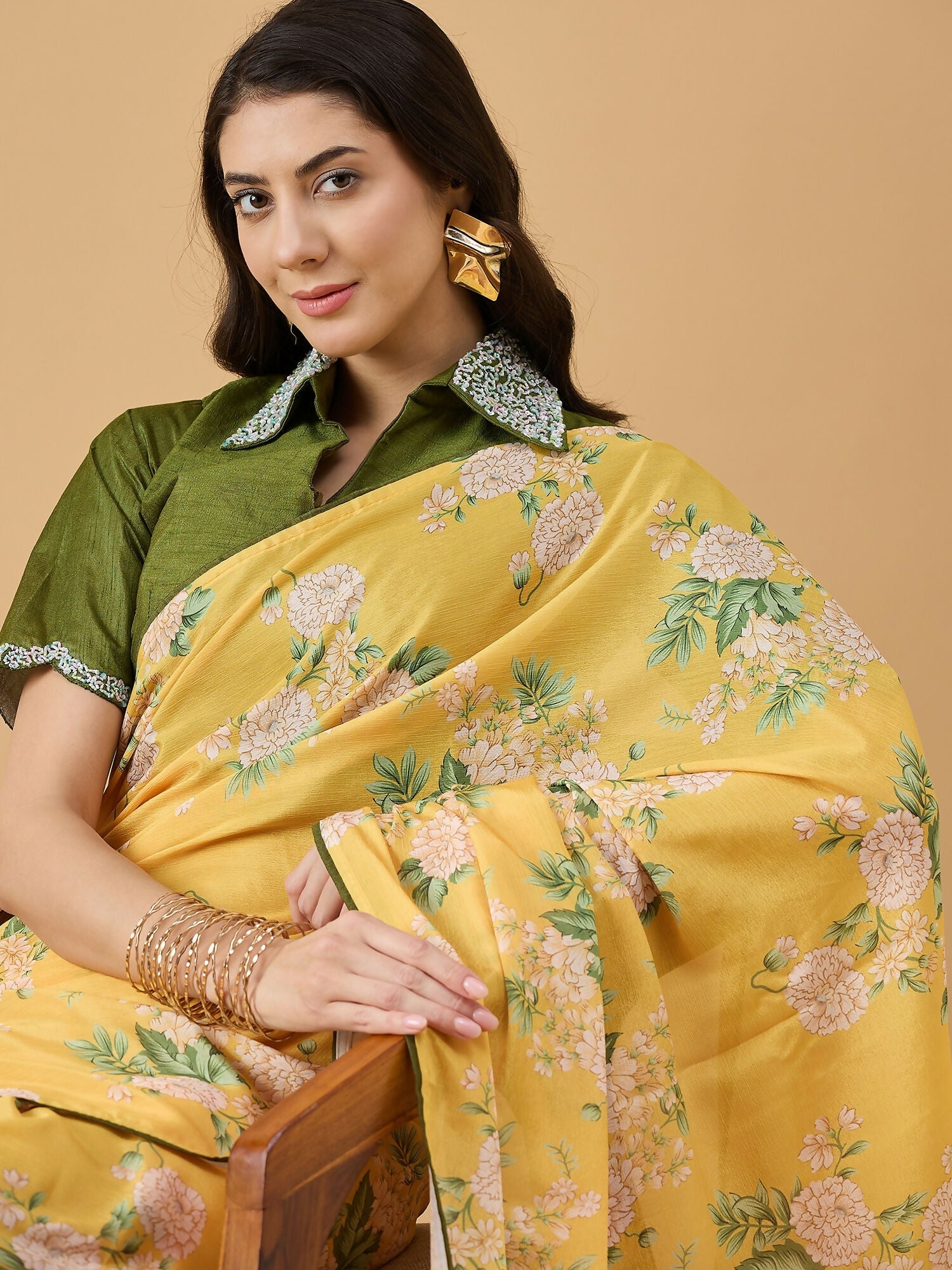 Mustard Chiffon Floral Printed Saree with Stitched Blouse - Dharavi | Grocsy