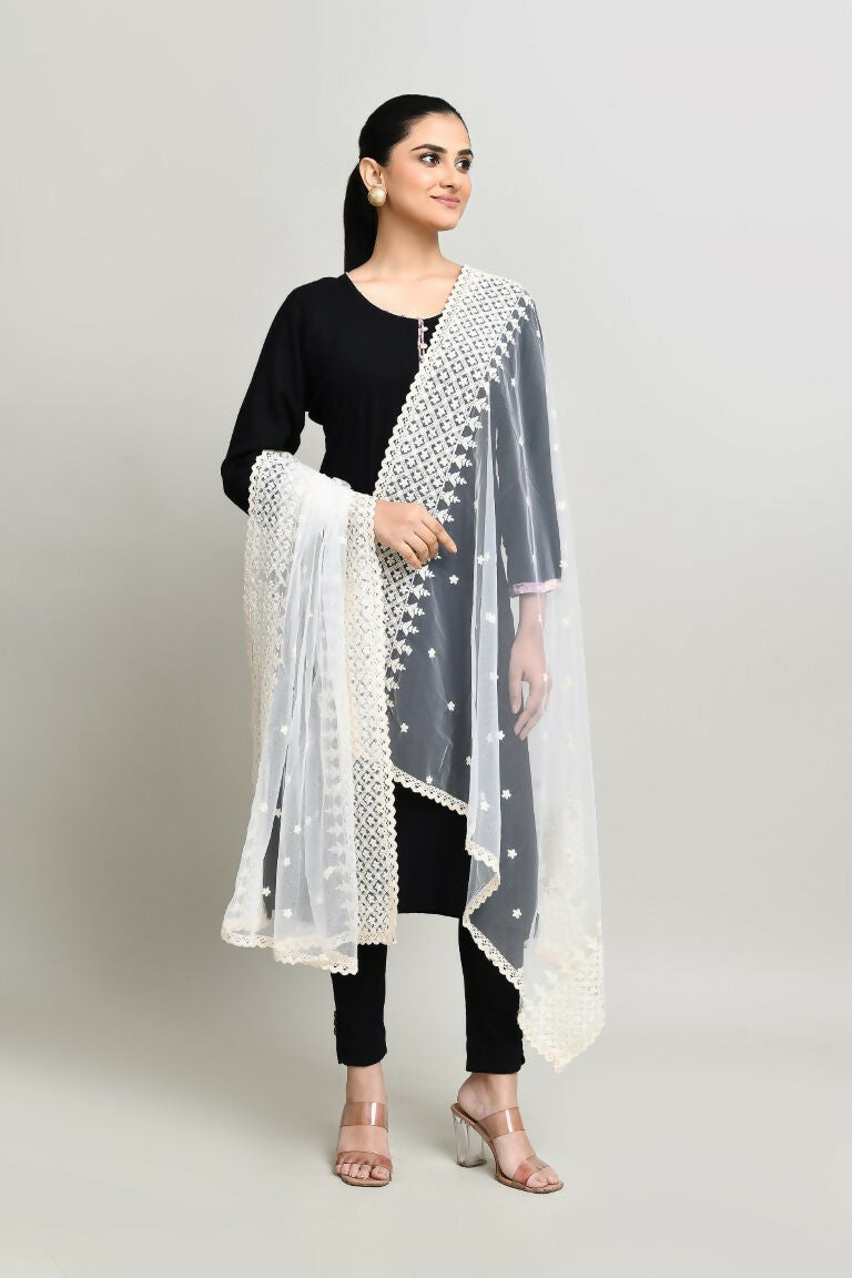 Joban Fashion White Cotton Embroidery Work Pakistani Karanchi Dupatta | Grocsy