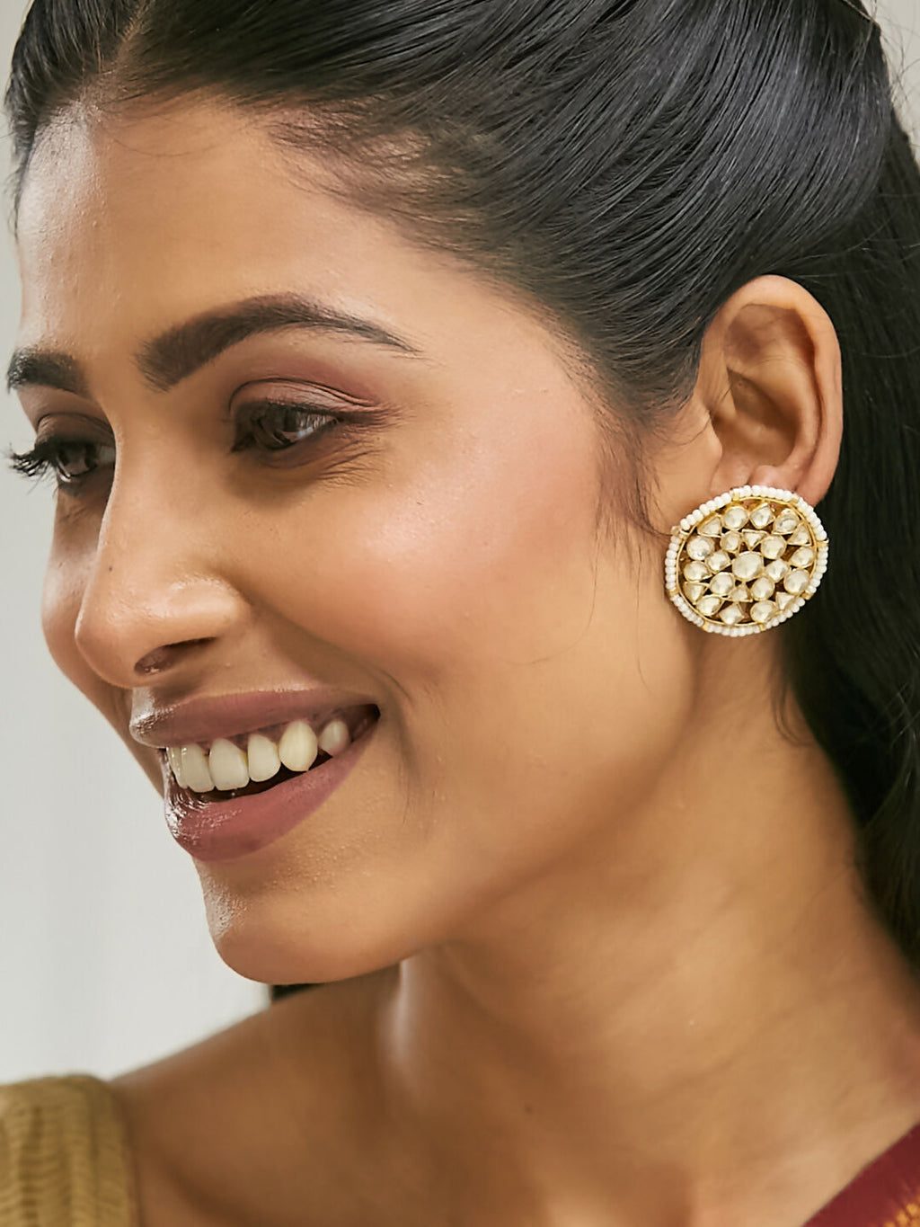 Nuyug 22K Gold-Plated Elegant Kundan Stone Studded & Pearl Beaded Disc Studs | Grocsy