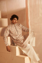 Cream Viscose Wevon Designer Men's Kurta Set - Mahotsav | Grocsy