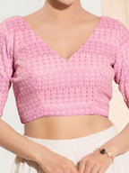 Joban Fashion Baby Pink Crochet Padded Blouse With V Neck Elbow Sleeves | Grocsy