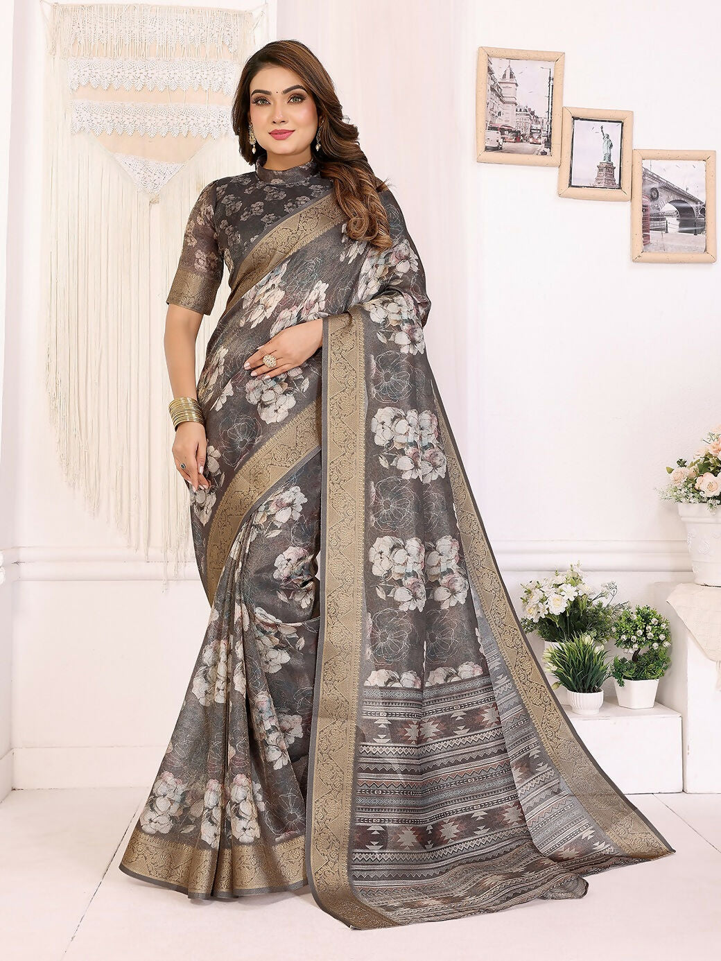 Joban Fashion Dark Grey Floral Print pattern Banarasi Silk Sarees | Grocsy