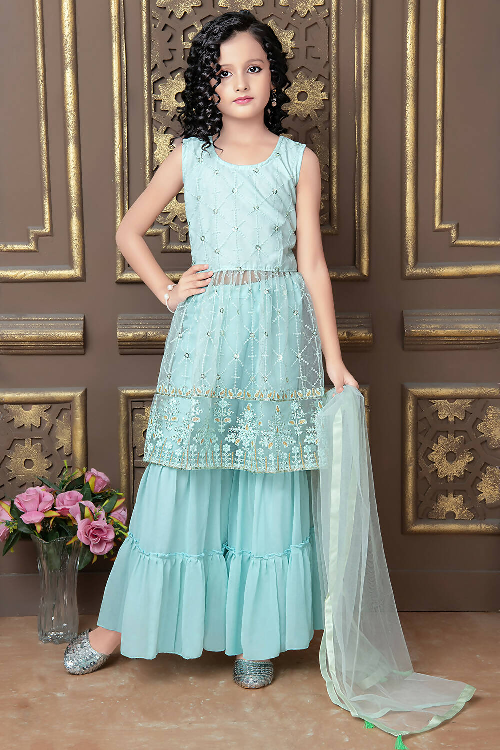 Kids Wedding Designer Sky Pure Finest Soft Net Sharara Suit - Aaradhna | Grocsy