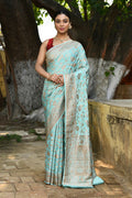 Joban Fashion Aqua Crepe Chiffon Pure Handloom Banarasi Silk Saree | Grocsy