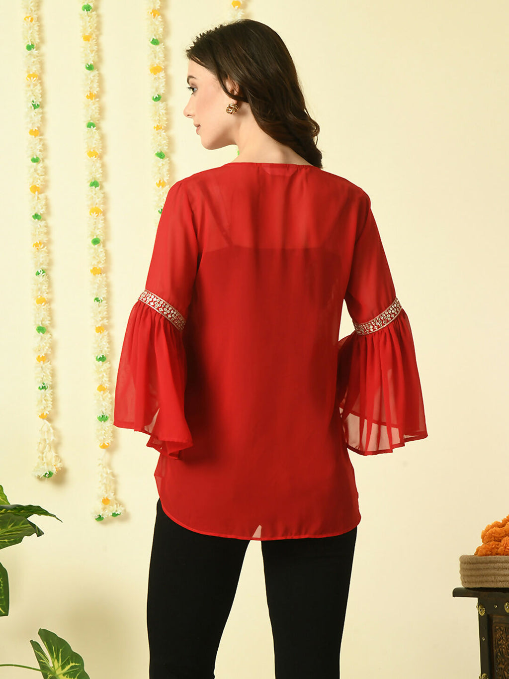 Myshka Women's Red Embroidered Party Fusion Top | Grocsy