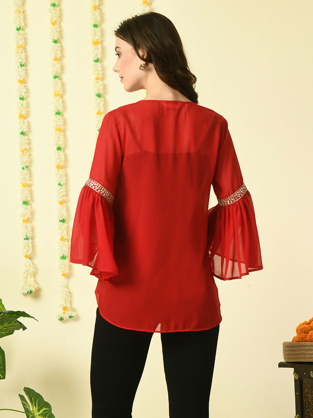 Myshka Women's Red Embroidered Party Fusion Top | Grocsy