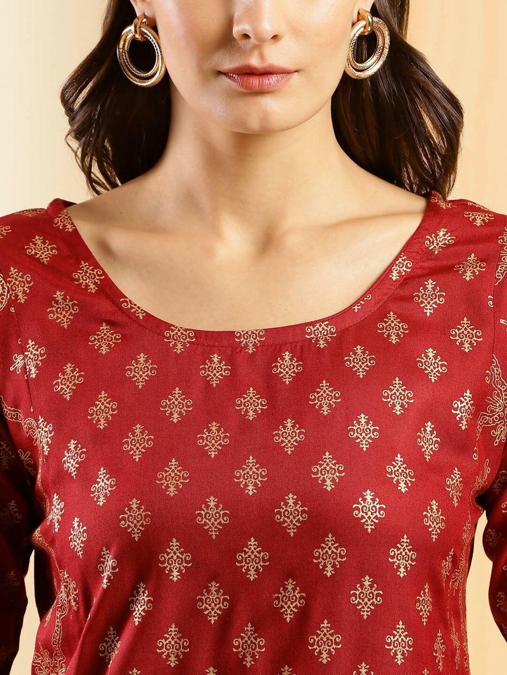 Maroon & Gold-Toned Viscose Rayon Ethnic Motifs Printed Kurta - Mamta | Grocsy