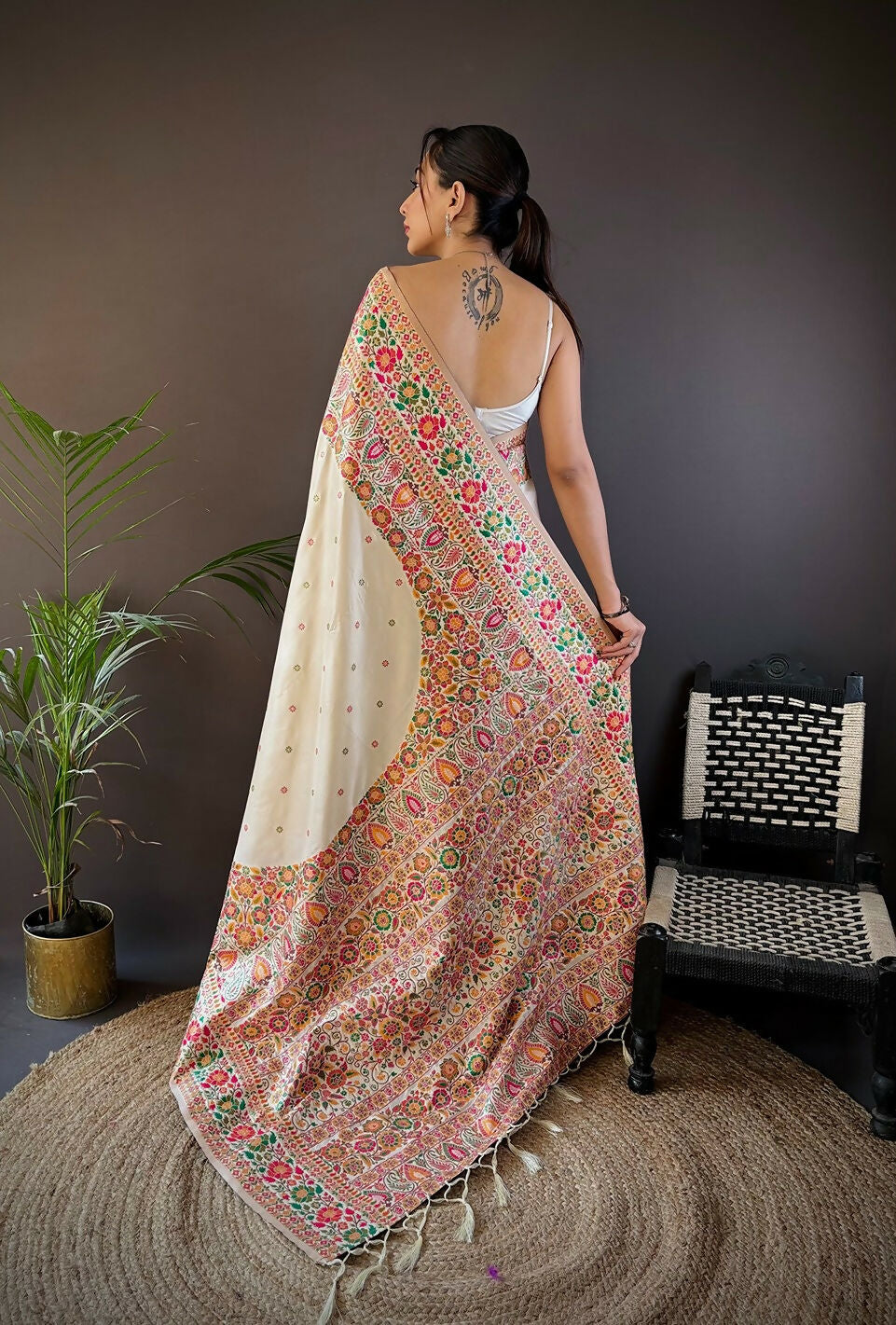 Joban Fashion White Meena Weaves Pashmina Sarees | Grocsy