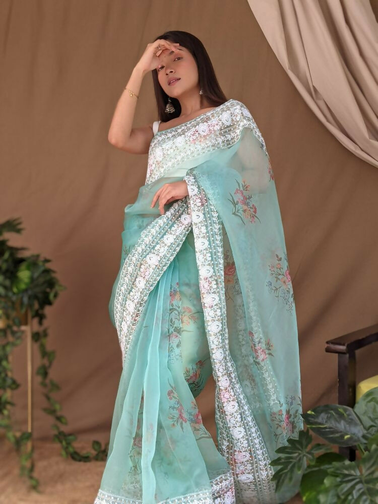 Vamsee White Border C-Green Organza Saree | Grocsy