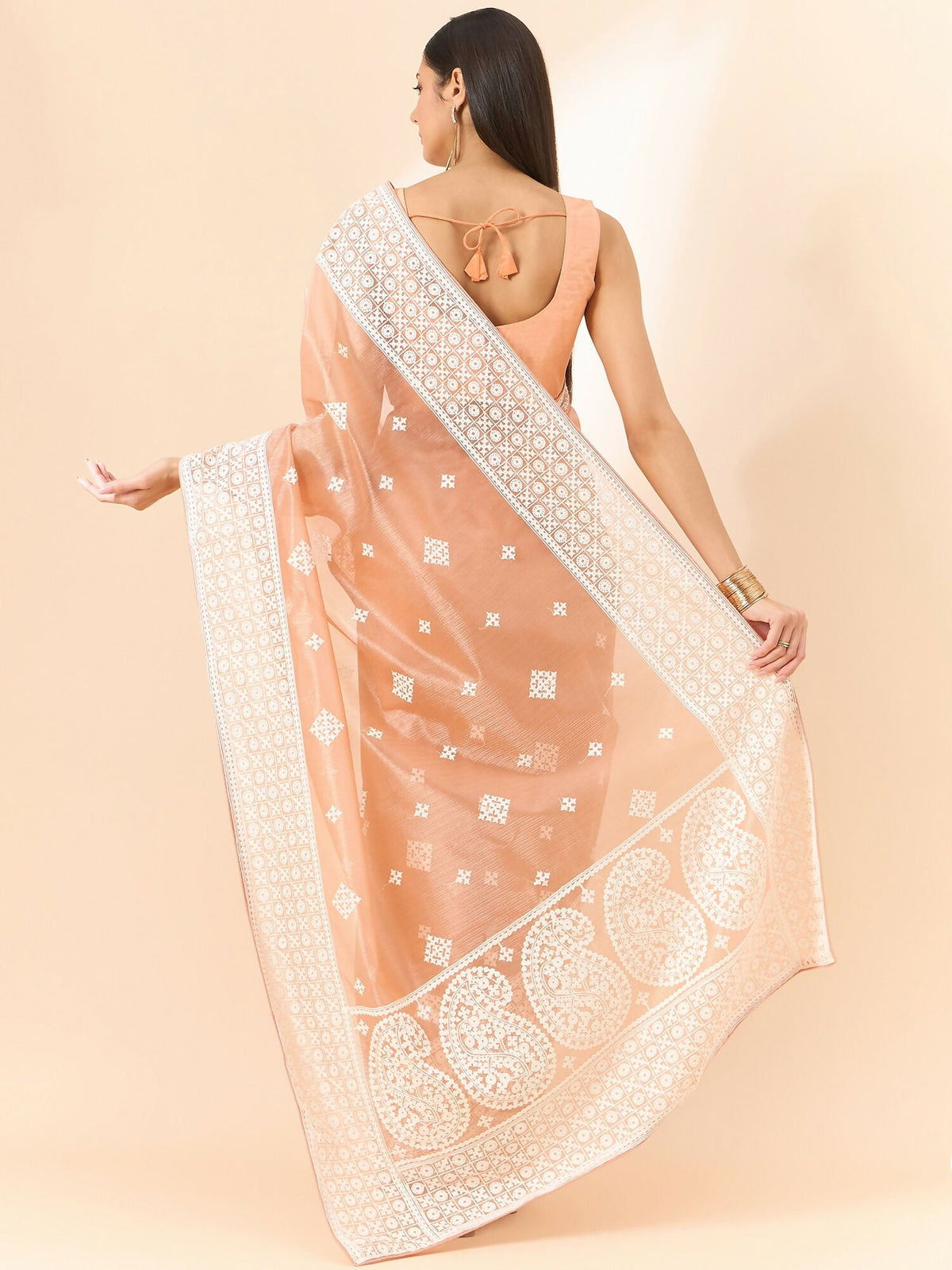 Peach Organza Geometric Embroidered Saree with Unstitched Blouse Piece - Roozal | Grocsy