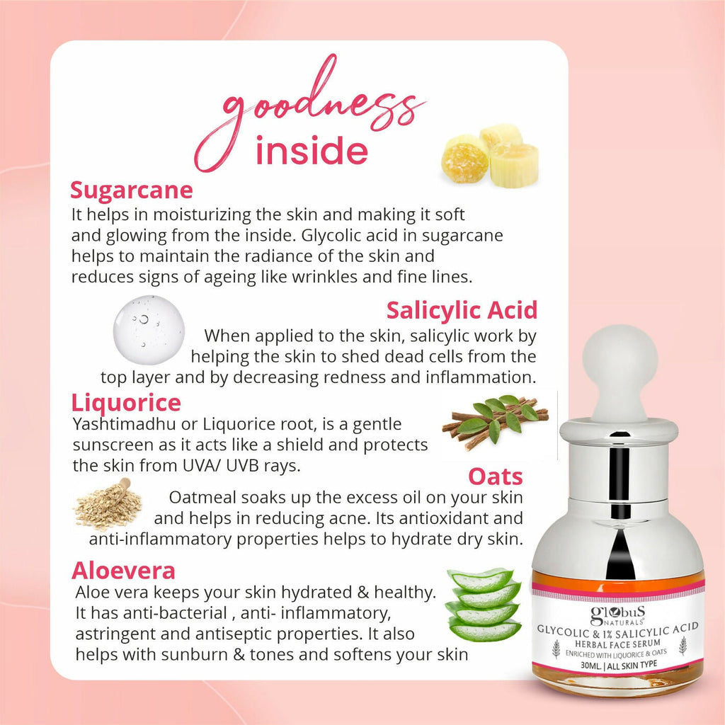 Globus Naturals Glycolic & 1% Salicylic Acid Anti Acne Face Serum | Grocsy
