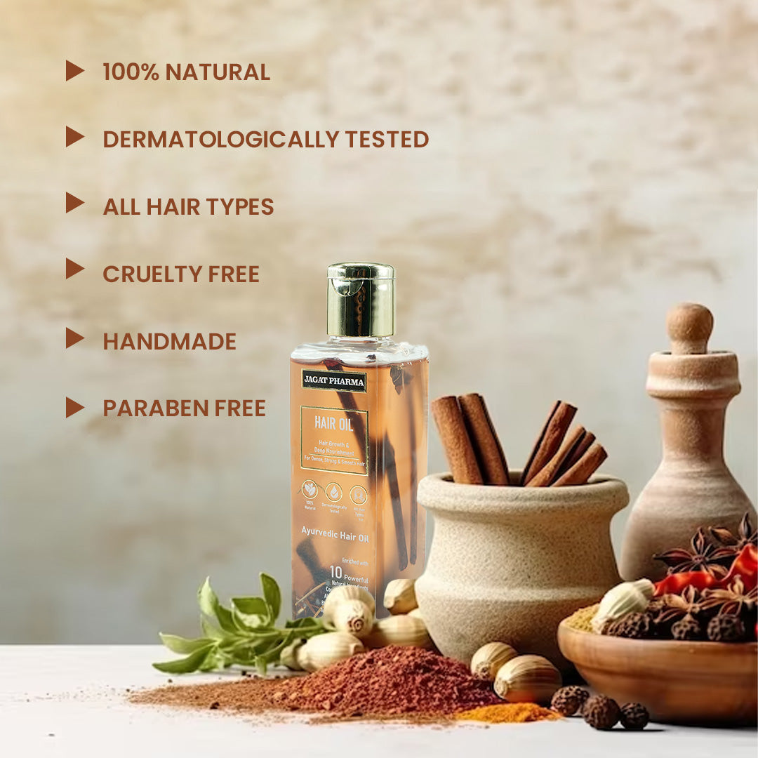 Jagat Pharma Hair Oil for Dense, Strong & Smooth Hair | Infused With 10 Powerful Ayurvedic Herbs | Grocsy