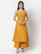 Myshka Women Yellow Silk Blend Solid Sleeveless Round Neck Neck Kurta Palazzo Dupatta Set | Grocsy