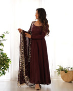 Teeya Creation Dark Coffee Color Roma Silk Chnaderi Real Mirror Work Fully Stitched Gown | Grocsy
