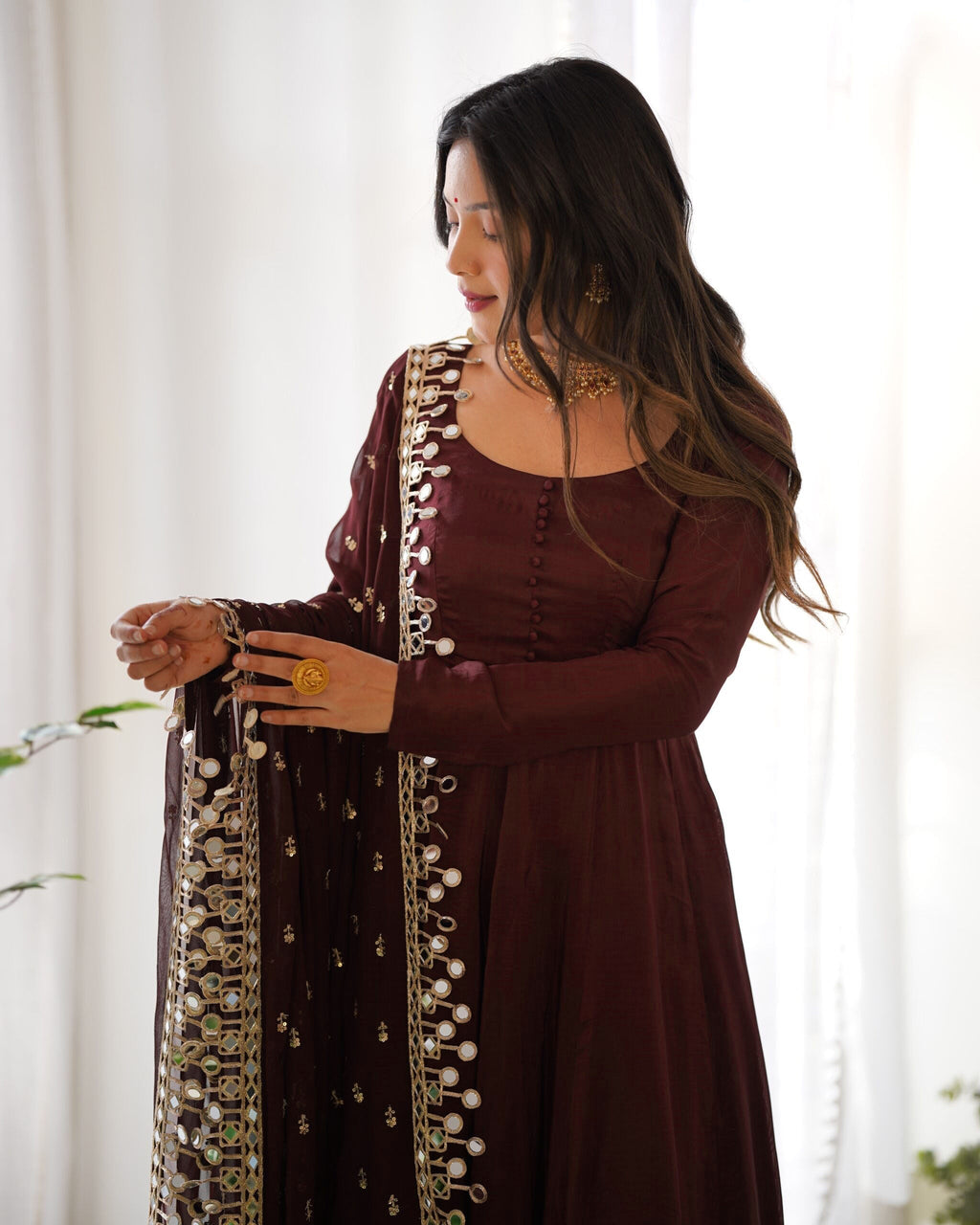 Teeya Creation Dark Coffee Color Roma Silk Chnaderi Real Mirror Work Fully Stitched Gown | Grocsy