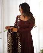 Teeya Creation Dark Coffee Color Roma Silk Chnaderi Real Mirror Work Fully Stitched Gown | Grocsy