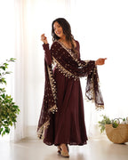 Teeya Creation Dark Coffee Color Roma Silk Chnaderi Real Mirror Work Fully Stitched Gown | Grocsy