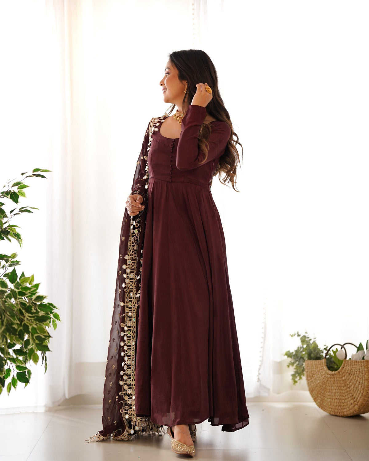 Teeya Creation Dark Coffee Color Roma Silk Chnaderi Real Mirror Work Fully Stitched Gown | Grocsy