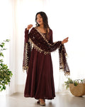 Teeya Creation Dark Coffee Color Roma Silk Chnaderi Real Mirror Work Fully Stitched Gown | Grocsy