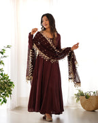 Teeya Creation Dark Coffee Color Roma Silk Chnaderi Real Mirror Work Fully Stitched Gown | Grocsy