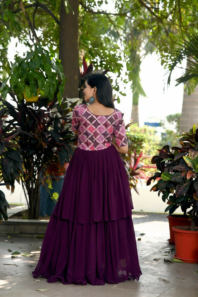 Jyoti Fashion Women's Wine Printed with Sequins Faux Blooming Anarkali Dress | Grocsy