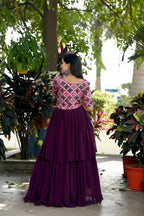 Jyoti Fashion Women's Wine Printed with Sequins Faux Blooming Anarkali Dress | Grocsy