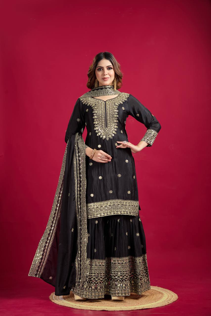 Lehenga Mart Chinnon Silk Embroidery Sequence Work Top-Palazzo And Dupatta Set | Grocsy