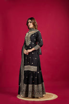 Lehenga Mart Chinon Silk Embroidery Sequence Work Top-Palazzo And Dupatta Set - Black | Grocsy