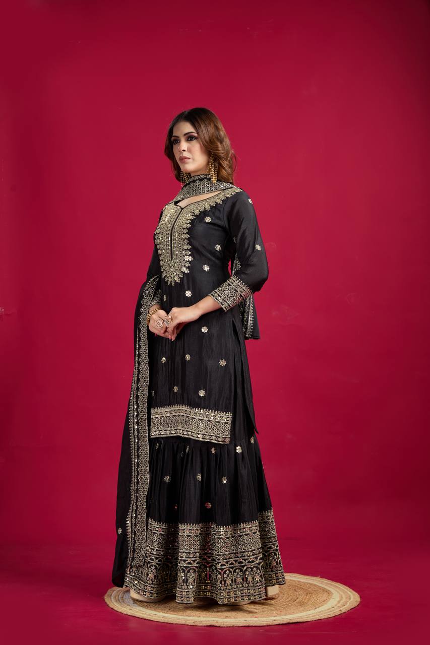 Lehenga Mart Chinon Silk Embroidery Sequence Work Top-Palazzo And Dupatta Set - Black | Grocsy