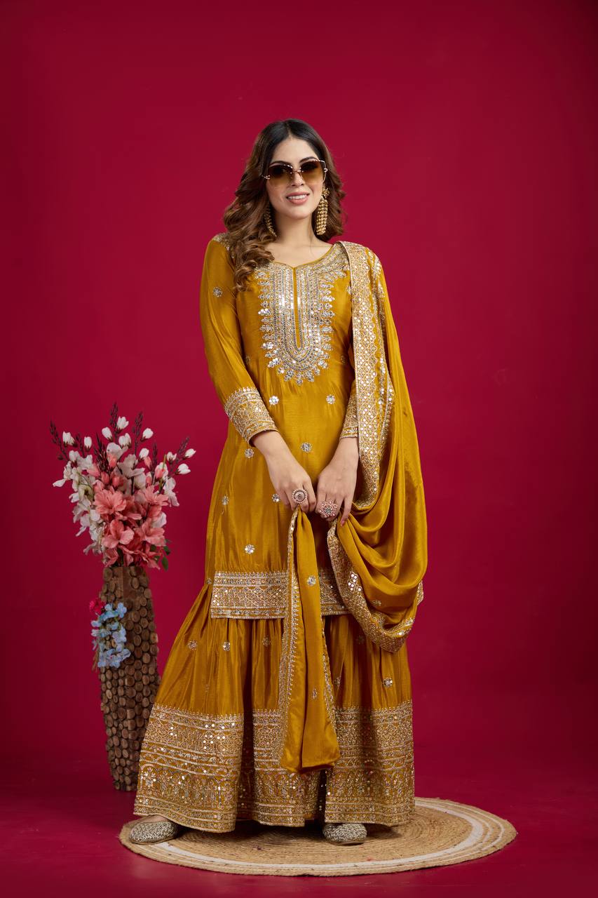 Lehenga Mart Chinnon Silk Embroidery Sequence Work Top-Palazzo And Dupatta Set | Grocsy