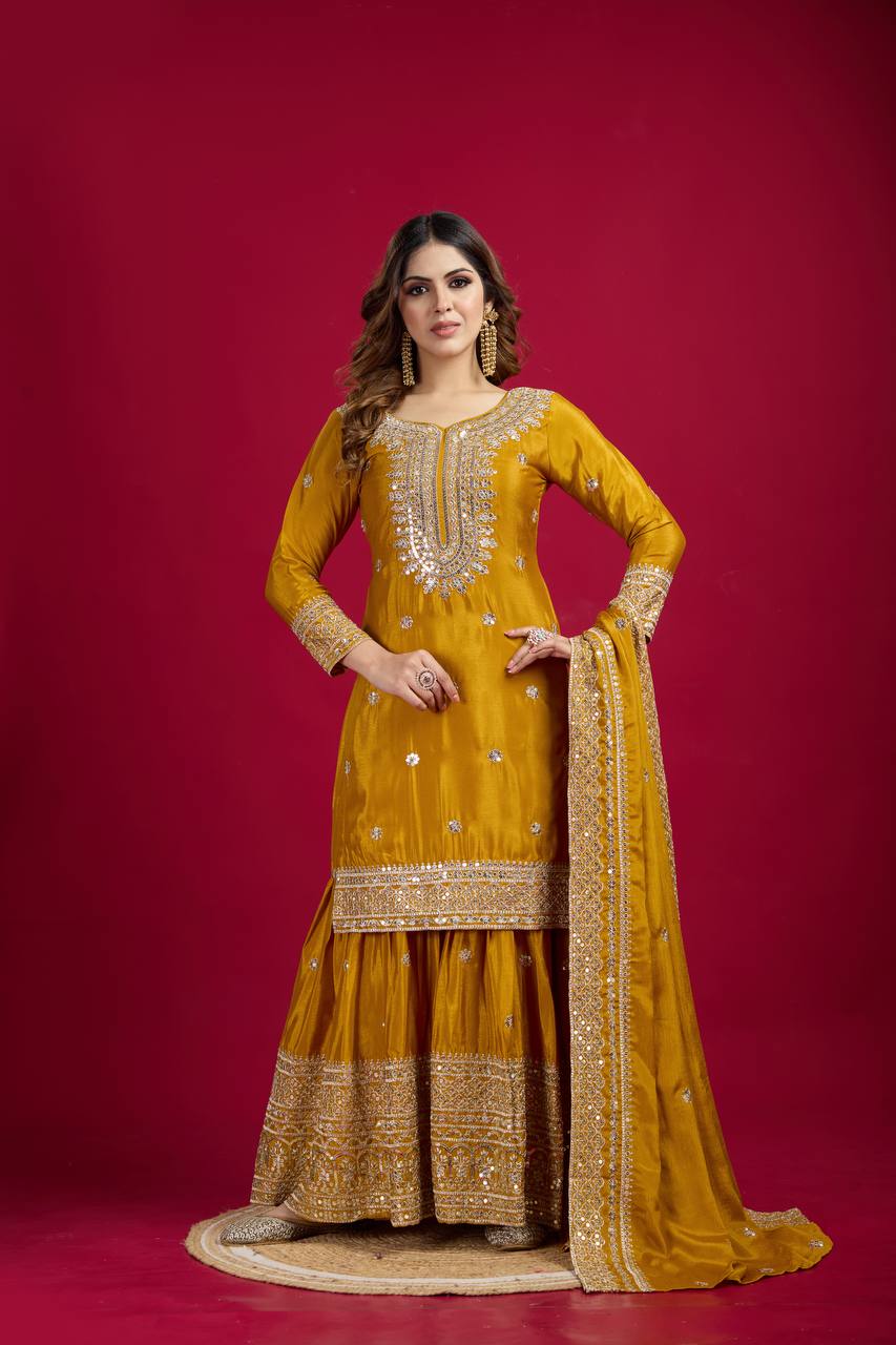 Lehenga Mart Chinnon Silk Embroidery Sequence Work Top-Palazzo And Dupatta Set | Grocsy
