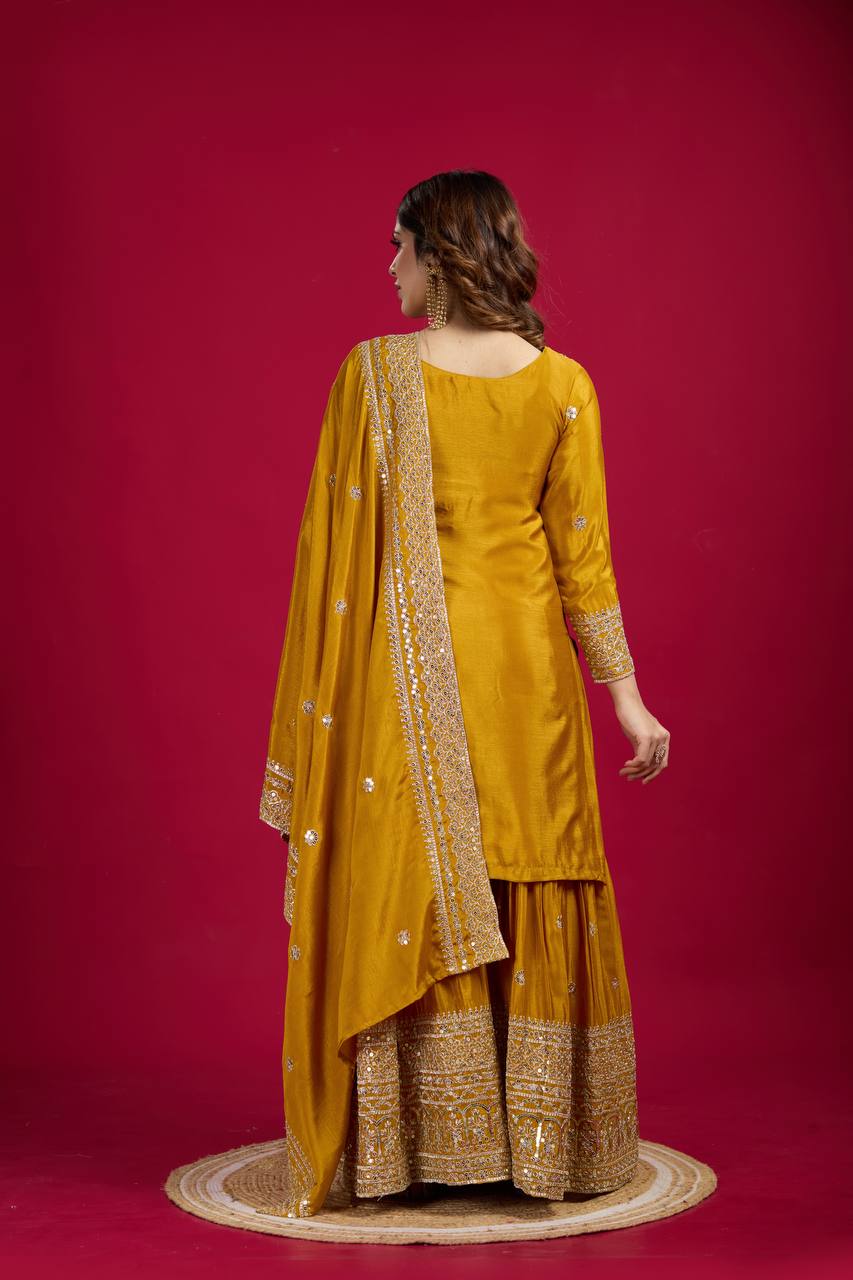 Lehenga Mart Chinnon Silk Embroidery Sequence Work Top-Palazzo And Dupatta Set | Grocsy