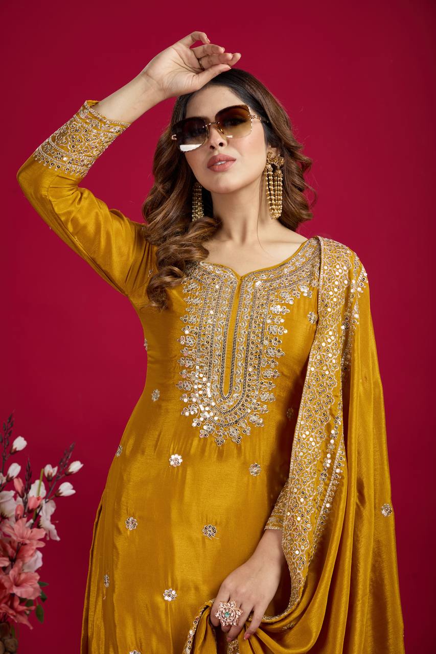 Lehenga Mart Chinnon Silk Embroidery Sequence Work Top-Palazzo And Dupatta Set | Grocsy